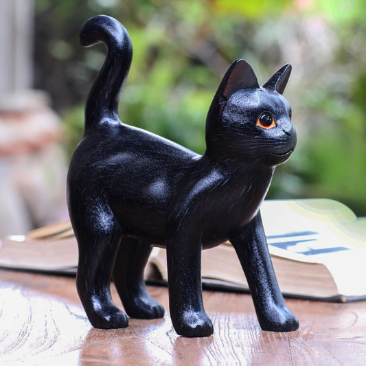 Curious Kitten in Black Wood Standing Cat Sculpture in Black from Bali from Bali