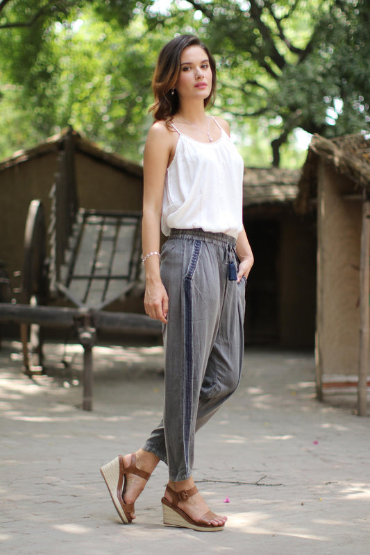 Navy Sophistication Dusty Grey Viscose Pants with Navy Stripes from India