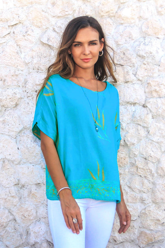 Balinese Breeze in Turquoise Batik Rayon Blouse in Turquoise and Lemon from Bali