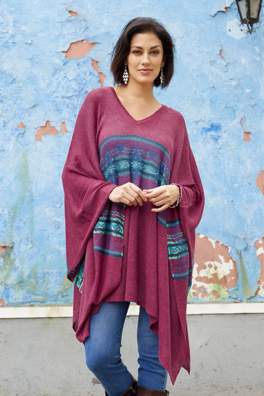 Andean Charm Cotton Blend Poncho in Cerise and Blue from Peru