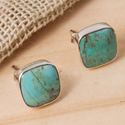 Square Bucklers Square Reconstituted Turquoise Stud Earrings from Mexico