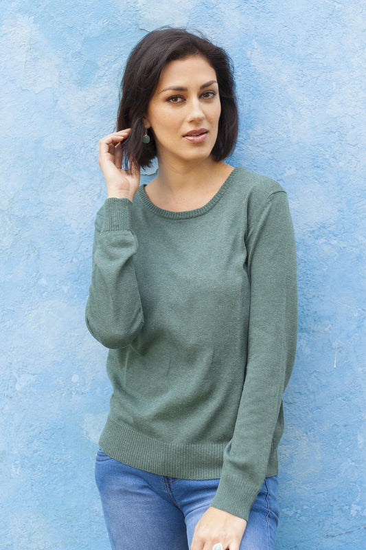 Warm Valley in Viridian Knit Cotton Blend Pullover in Viridian from Peru