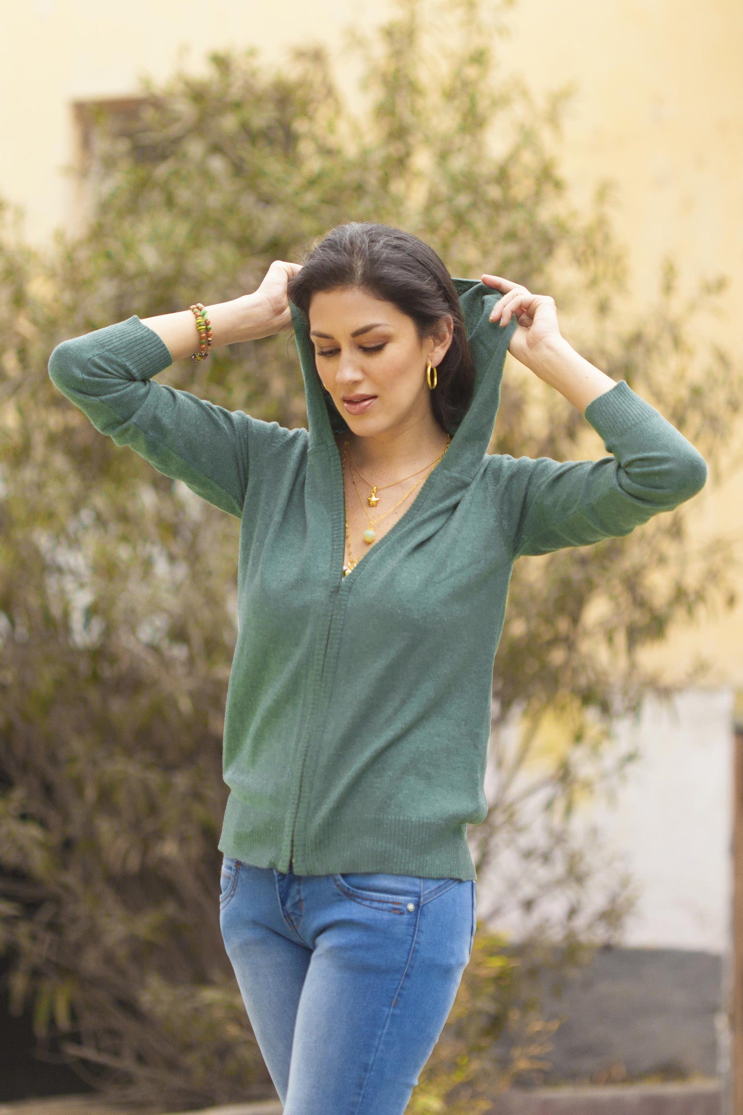 Simple Delight in Viridian Cotton Blend Hooded Cardigan in Viridian from Peru