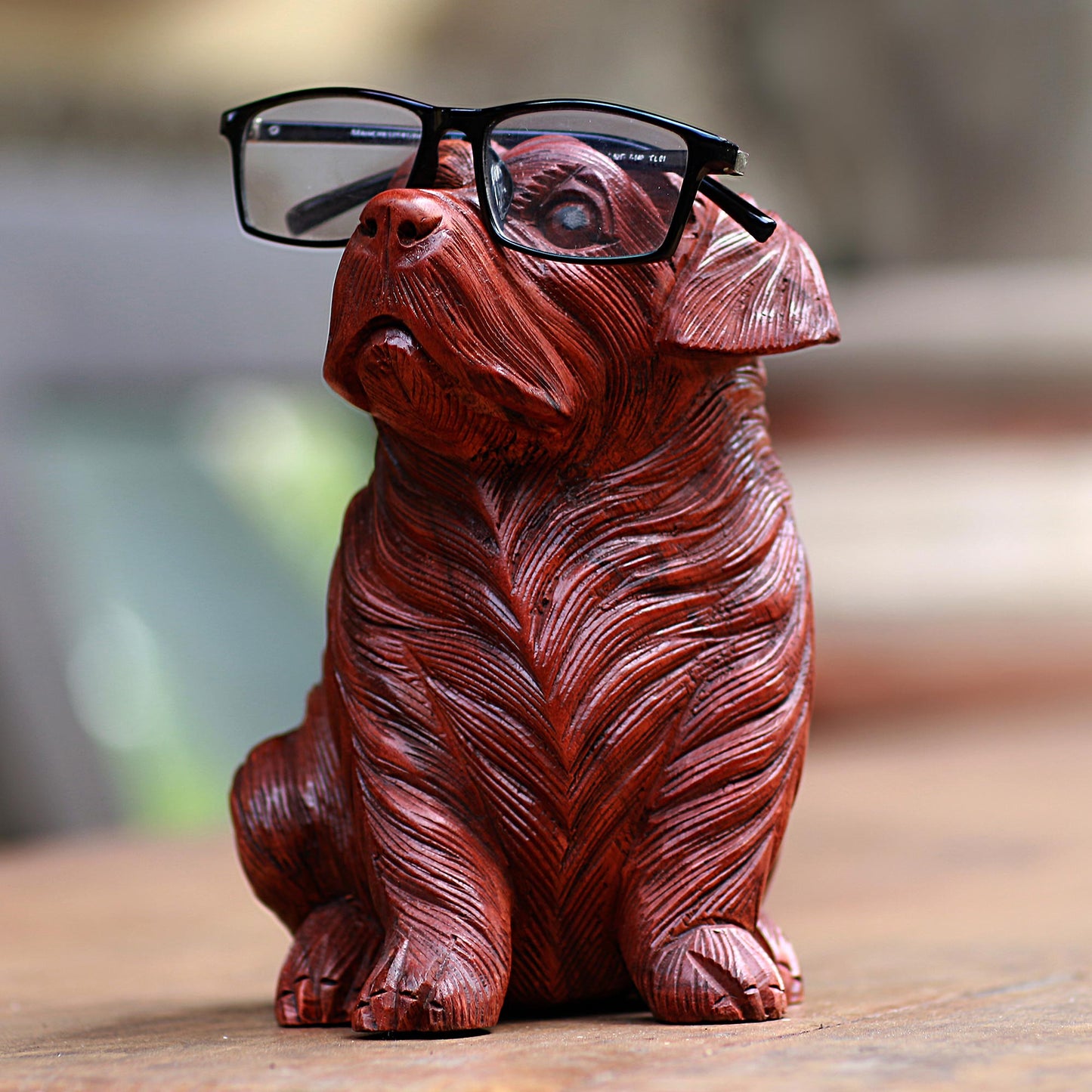 Obedient Pug Hand-Carved Suar Wood Dog Eyeglasses Holder