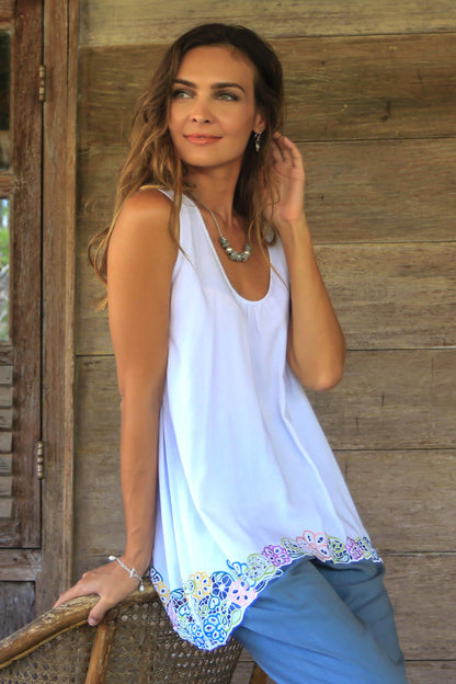 Flower Colors in White Floral Embroidered Rayon Blouse in White from Bali