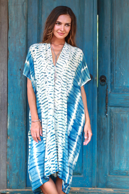 Segara Alit Blue and Eggshell Tie-Dyed Rayon Caftan from Java