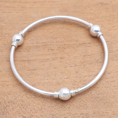 Round Trio Orb Motif Sterling Silver Bangle Bracelet from Bali