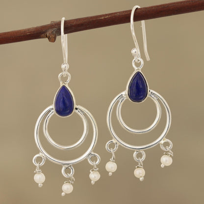 Royal Aesthetic Lapis Lazuli and Cultured Pearl Dangle Earrings from India
