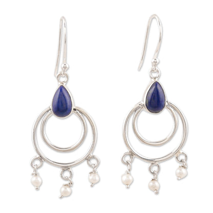 Royal Aesthetic Lapis Lazuli and Cultured Pearl Dangle Earrings from India