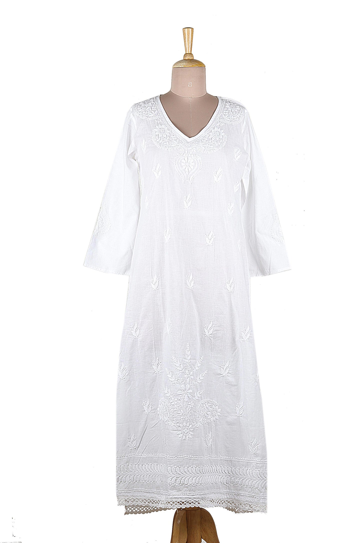 Lucknow Lily Long White Embroidered Caftan from India