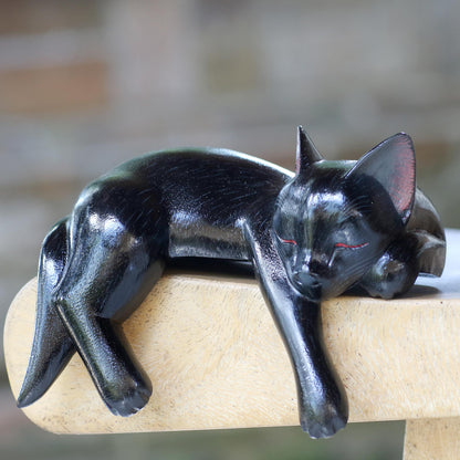Black Catnap Balinese Signed Hand-Carved Sleeping Black Cat Sculpture