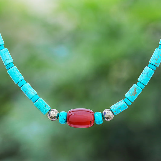 Summer Morning Carnelian and Reconstituted Turquoise Beaded Necklace