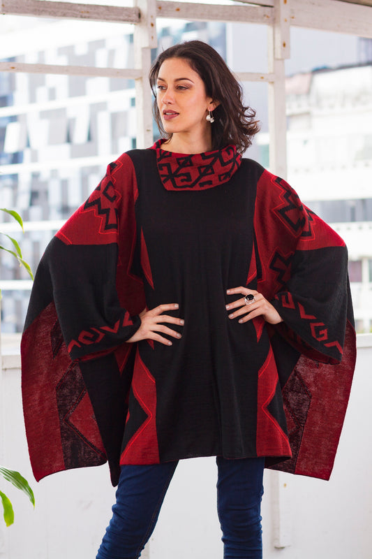 Inca Claret Knit Alpaca Blend Red and Black Poncho