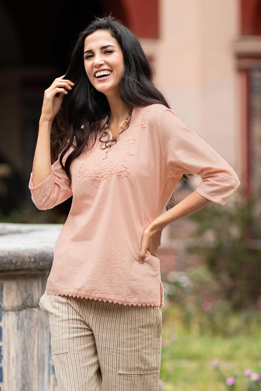 Sunset in Lima Pale Melon Orange Embroidered Cotton Tunic Top from Peru