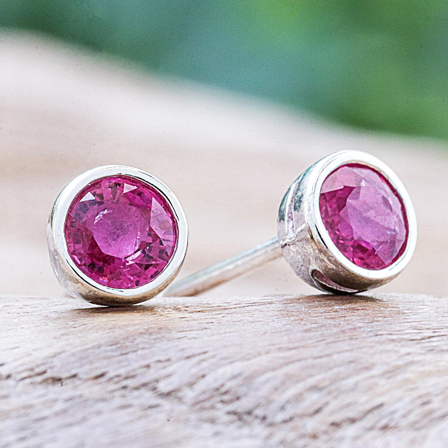 Round Star Thai Ruby and Sterling Silver Stud Earrings