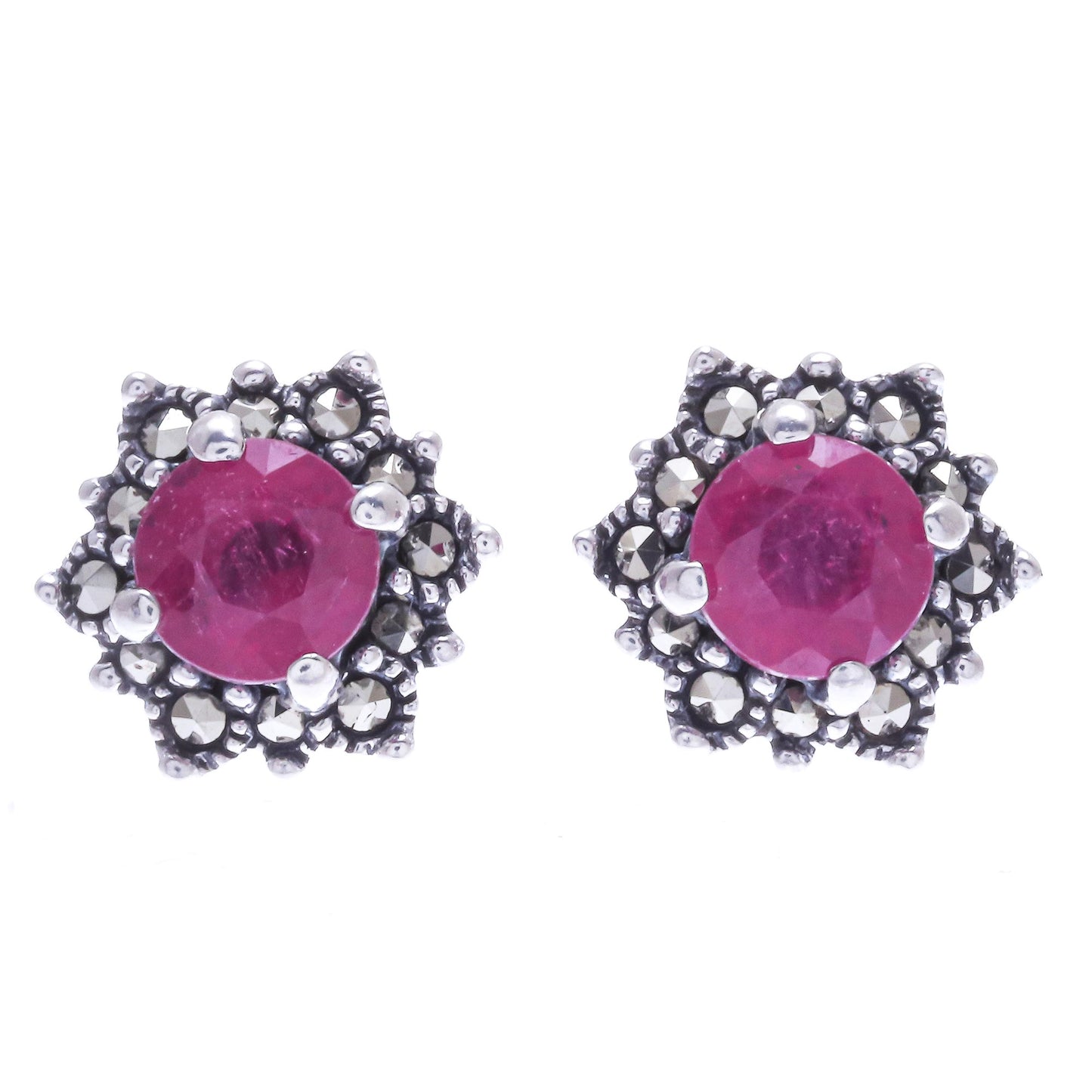 Firefly in Pink Artisan Crafted Ruby and Marcasite Stud Earrings