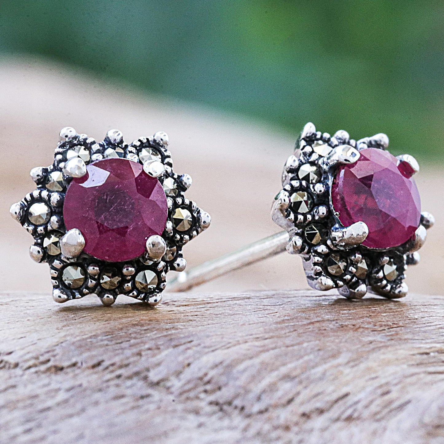 Firefly in Pink Artisan Crafted Ruby and Marcasite Stud Earrings