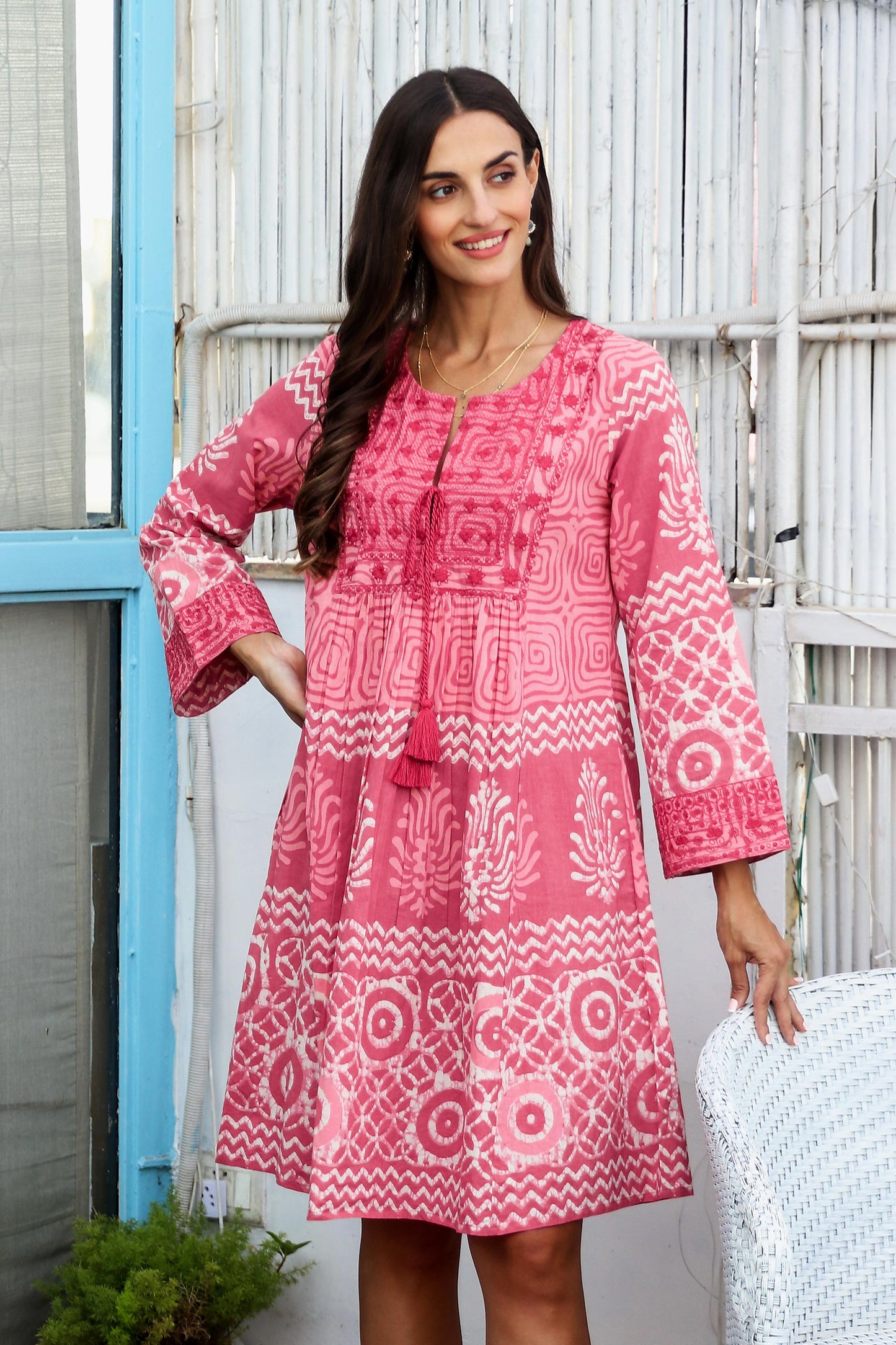 Petal Pink Embroidered Cotton A-Line Dress from India