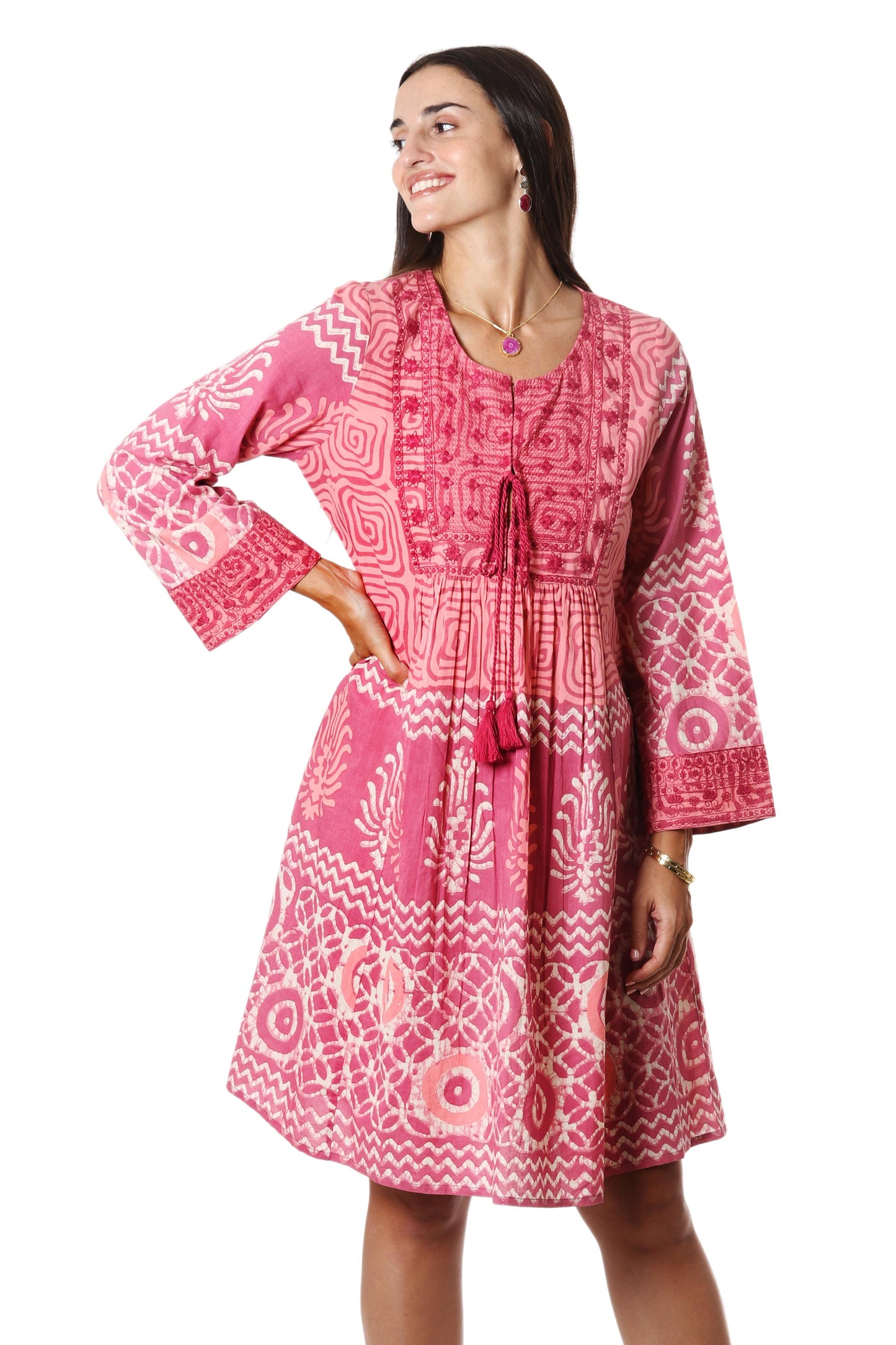 Petal Pink Embroidered Cotton A-Line Dress from India
