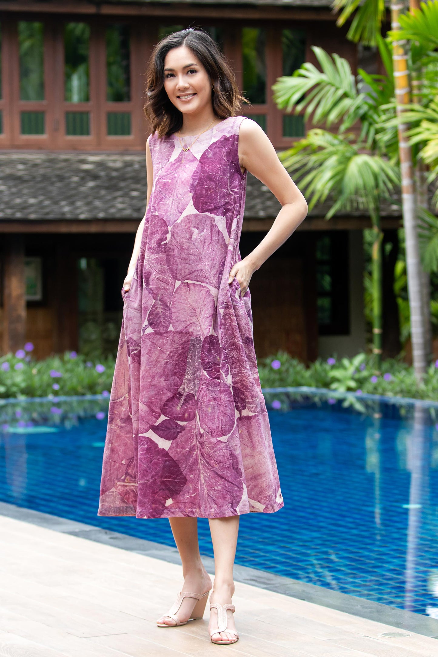 Purple Teak Thai Ouke Print Cotton Sleeveless Dress