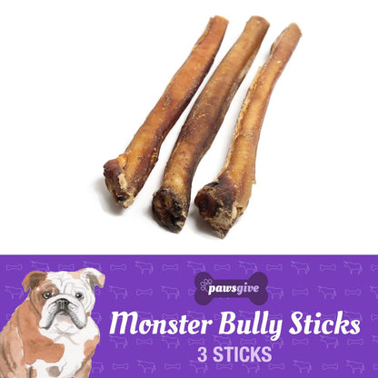PawsGive - PawsGive Monster 12" Bully Sticks For Dogs From Grass Fed Cattle