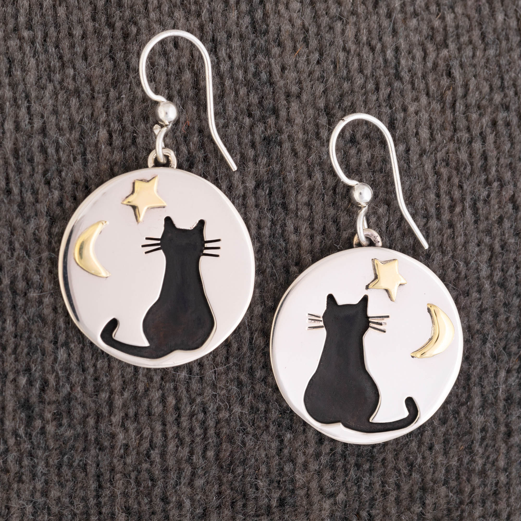 Moonlight Kitty Cat Mixed Metal Earrings